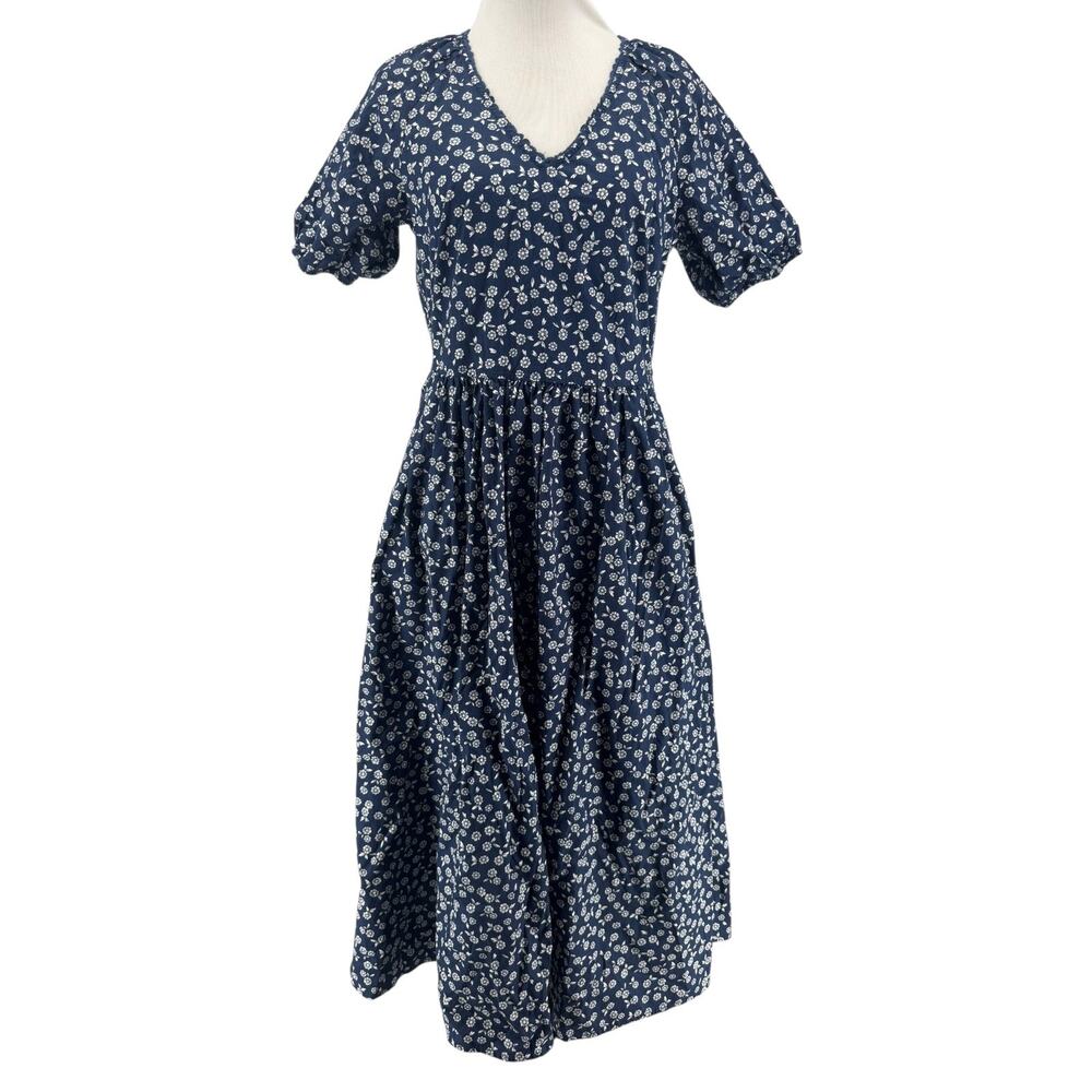 J. Crew Women's Navy Prarie Floral Lace Trim‎ Short Sleeve V-Neck Midi Dress 4